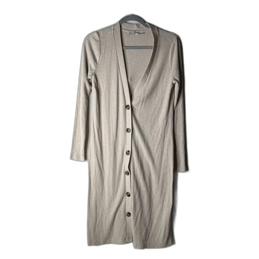 LOFT ribbed beige capsule button front midi cardigan size Small